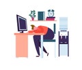 Tired Business Character Sleeping in the Office. Exhausted Worker Falling Asleep at Work. Lazy Man Sleeping Behind Desk Royalty Free Stock Photo