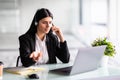 Tired business woman at call center sitting by the table or it is a failure in office Royalty Free Stock Photo