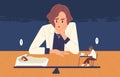 Tired business woman choice between health and side job vector illustration. Female cartoon office worker looking on