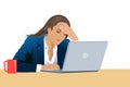 Tired business woman with headache at office, feeling sick at work, copy space. vector