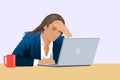 Tired business woman with headache at office, feeling sick at work, copy space. vector