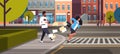 Tired business woman running crosswalk pushing man with coffee cup city street road buildings background horizontal flat