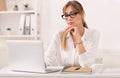 Tired Business Woman Using Laptop Working In Modern Office Royalty Free Stock Photo