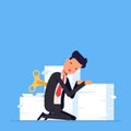 Tired businessman or manager sits near a large pile of documents. The lack energy to do work. It takes charge man Royalty Free Stock Photo
