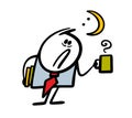 Tired businessman with a mug of hot coffee works at night. Vector illustration of a busy sleepy stickman.