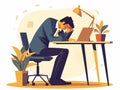 Tired businessman sitting at the desk in office. Flat vector illustration. Generative AI