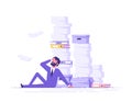 Tired businessman sitting on the floor clutching his head with the piles of paper document around. Overwork concept. Modern vector