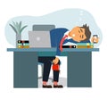 Tired businessman sleeping on his desk in front of laptop, overworking, feeling exhausted at office Royalty Free Stock Photo