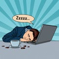 Tired Businessman Sleeping on a Laptop in Office. Pop Art Royalty Free Stock Photo