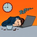 Tired Businessman Sleeping on a Laptop in Office. Pop Art