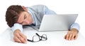 Tired businessman sleeping with laptop, white background and burnout. Fatigue, lazy and sad worker taking a nap at Royalty Free Stock Photo
