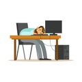 Tired businessman sleeping at workplace on laptop keyboard, exhausted office worker relaxing vector Illustration Royalty Free Stock Photo