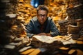 Tired Businessman at Work Among a Pile of Documents Paper extreme closeup. Generative AI Royalty Free Stock Photo