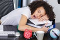 Tired businesswoman falling asleep at workplace