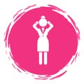 Tired businesswoman logo in pink circle, headache or stress in office worker, worried female