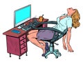 A tired businesswoman spt woman in the office at the workplace. A robot chair works for her, typing text on the computer