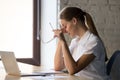 Tired businesswoman taking off glasses, suffering from eye strain Royalty Free Stock Photo