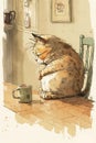 Tired Cat is drinking coffee cartoon style painting