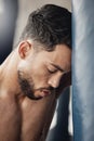 Tired, challenge and sad boxing man break, quit and training fatigue. Frustrated loser, stress fail and depression mma Royalty Free Stock Photo