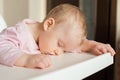 Tired child sleeping in highchair after the lunch. Cute baby girllying his face on the table tray. Royalty Free Stock Photo