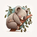 Tired childish koala sleeping and dreaming on a tree. Generative AI