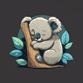 Tired childish koala sleeping and dreaming on a tree. Generative AI