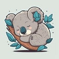 Tired childish koala sleeping and dreaming on a tree. Generative AI