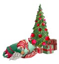 A TIRED CHRISTMAS GNOME SLEEPING NEAR THE NEW YEAR TREE WITH GIFTS ON SOFT PILLOWS. ISOLATED ON WHITE