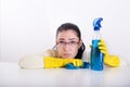 Tired cleaning lady on white Royalty Free Stock Photo