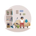 Tired cleaning woman resting on sofa illustration. Housewifes manual work for washing and cleaning things stressful