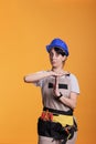 Tired construction worker expressing timeout sign Royalty Free Stock Photo