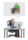 Tired corporate employee thinking and dreaming to relax at home while working at his desk in his office. Concept of overloaded at