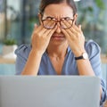 Tired corporate woman, laptop and eye pain with hands, glasses and stress at desk in finance office. Burnout, executive Royalty Free Stock Photo