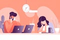 Tired couple sit at table fall asleep during computer work. Exhausted man and woman suffer from fatigue nap at laptop in office
