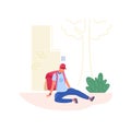 Tired courier. Fatigued delivery worker sit at ground, vector illustration