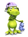 Tired cute cartoon monster wearing nightcap. Royalty Free Stock Photo