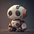 A tired cute little 3D robot on a clean background.