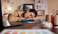 Tired, design and woman in fashion sleeping at a desk with burnout, stress and creative work in boutique at night Royalty Free Stock Photo