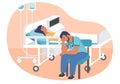 Tired doctor sitting on chair in hospital ward next to patient lying on gurney, flat vector illustration. Work burnout.