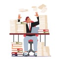 Tired Exasperated Office Worker Sitting at Desk with Document Piles Throwing Papers in Air. Stress In Office, Rush Work