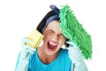 Tired and exhausted cleaning woman screaming Royalty Free Stock Photo