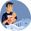 Tired Exhausted Father Feeding Little Newborn Baby Vector Cartoon