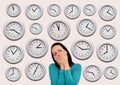 Tired woman with a lot of clocks Royalty Free Stock Photo