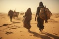 tired exhausted poor people walking through desert carrying their bags and kids, hot sunny day in sand dunes