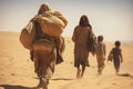 tired exhausted poor people walking through desert carrying their bags and kids, hot sunny day in sand dunes