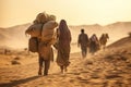 tired exhausted poor people walking through desert carrying their bags and kids, hot sunny day in sand dunes