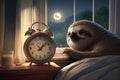 Tired and exhausted sloth lies in cozy bed in the evening