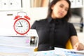 Tired and exhausted woman have a lot of work with documents fall asleep