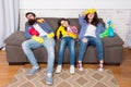 Tired family. exhausted family after cleaning house. tired family hold cleaning products. Mother, father and daughter