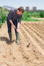 Tired farmer cultivates garden beds with hoe in summer day